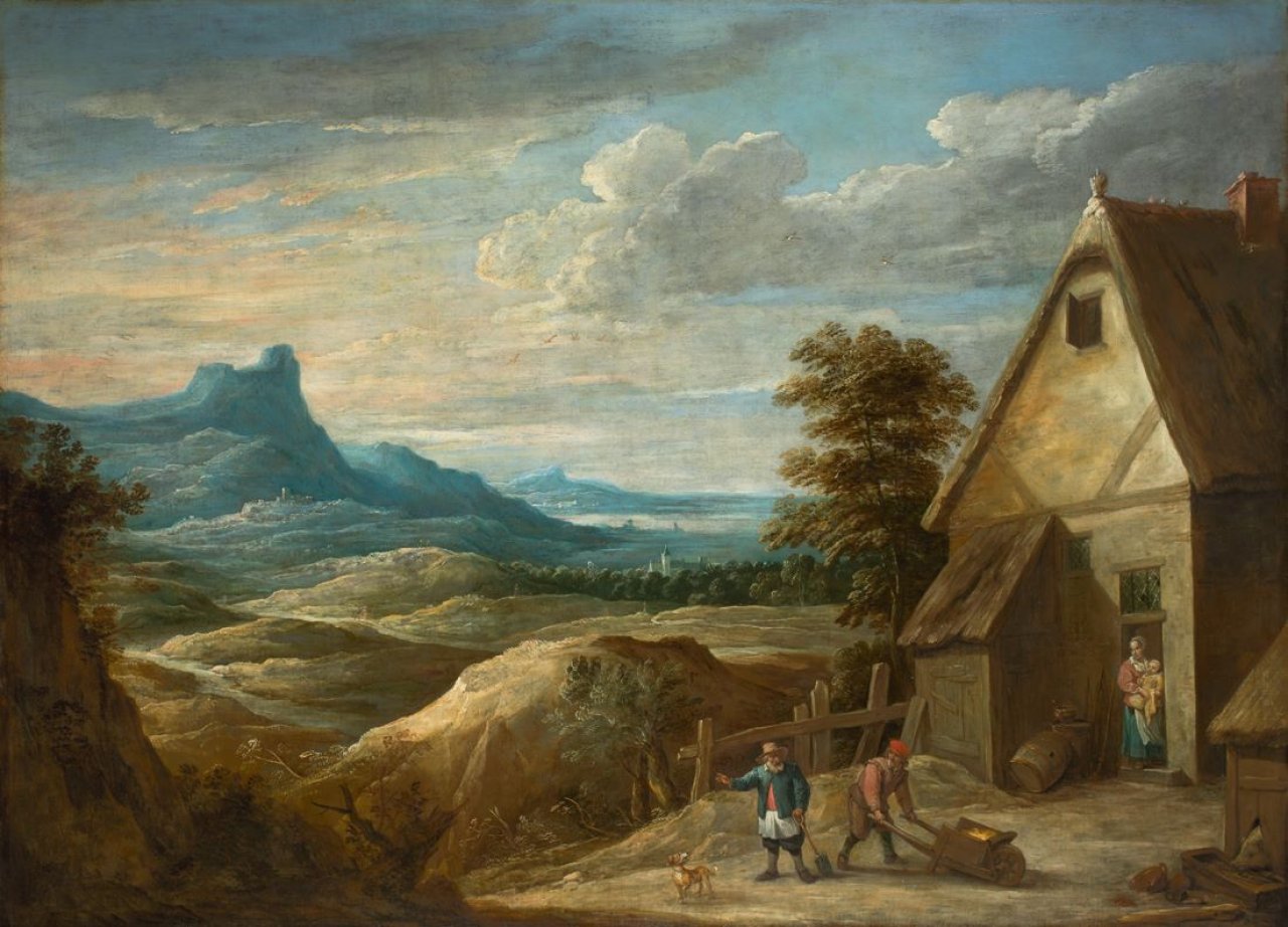 Auf diesem Bild ist das folgende Kunstwerk zu sehen: David Teniers d.J.. Landschaft mit Bauernfamilie vor ihrem Haus. Um 1660.