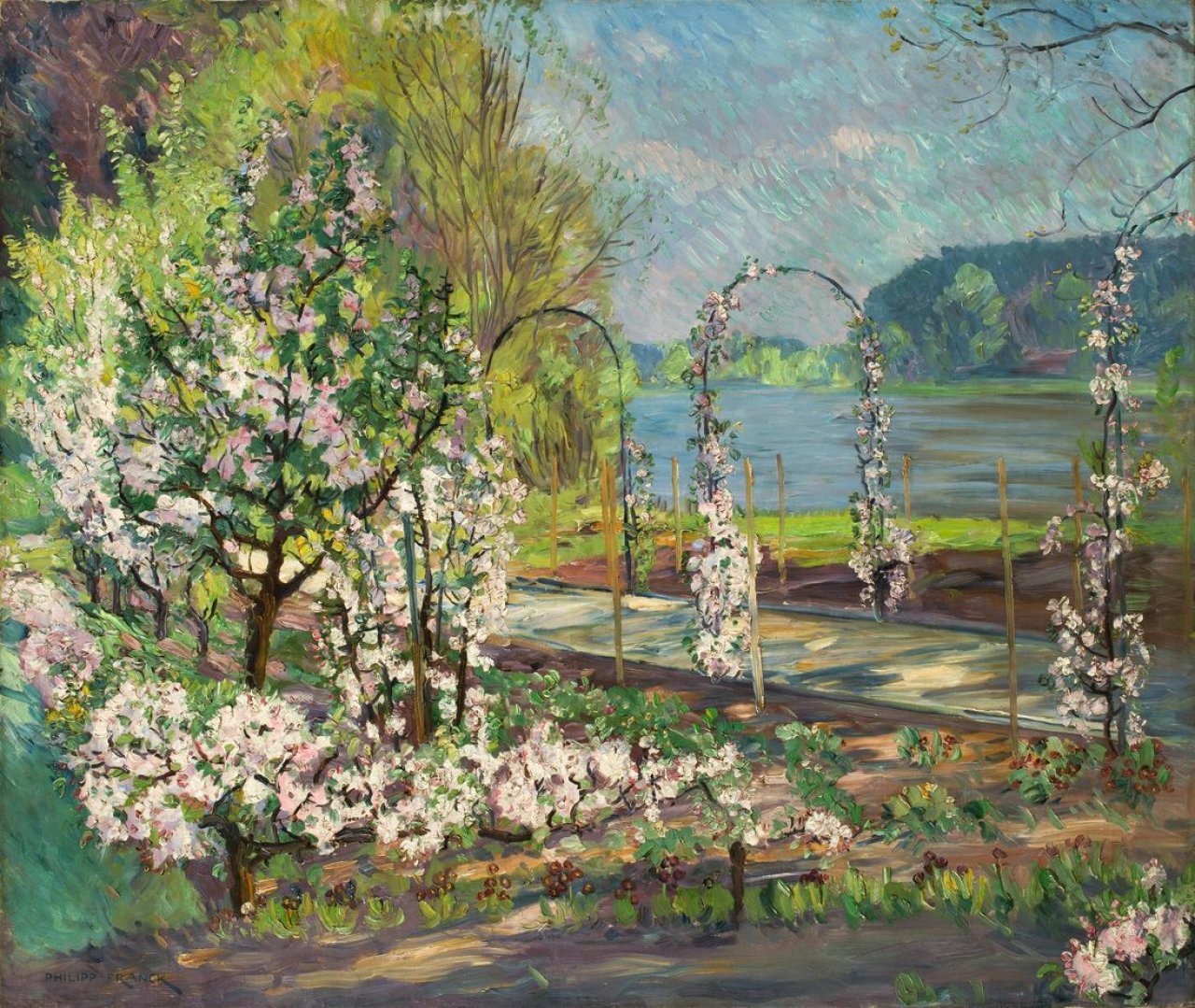 Auf diesem Bild ist das folgende Kunstwerk zu sehen: Philipp Franck. „Obstgarten im Garten von Cornelie Richter am Kleinen Wannsee“. Um 1905/10.