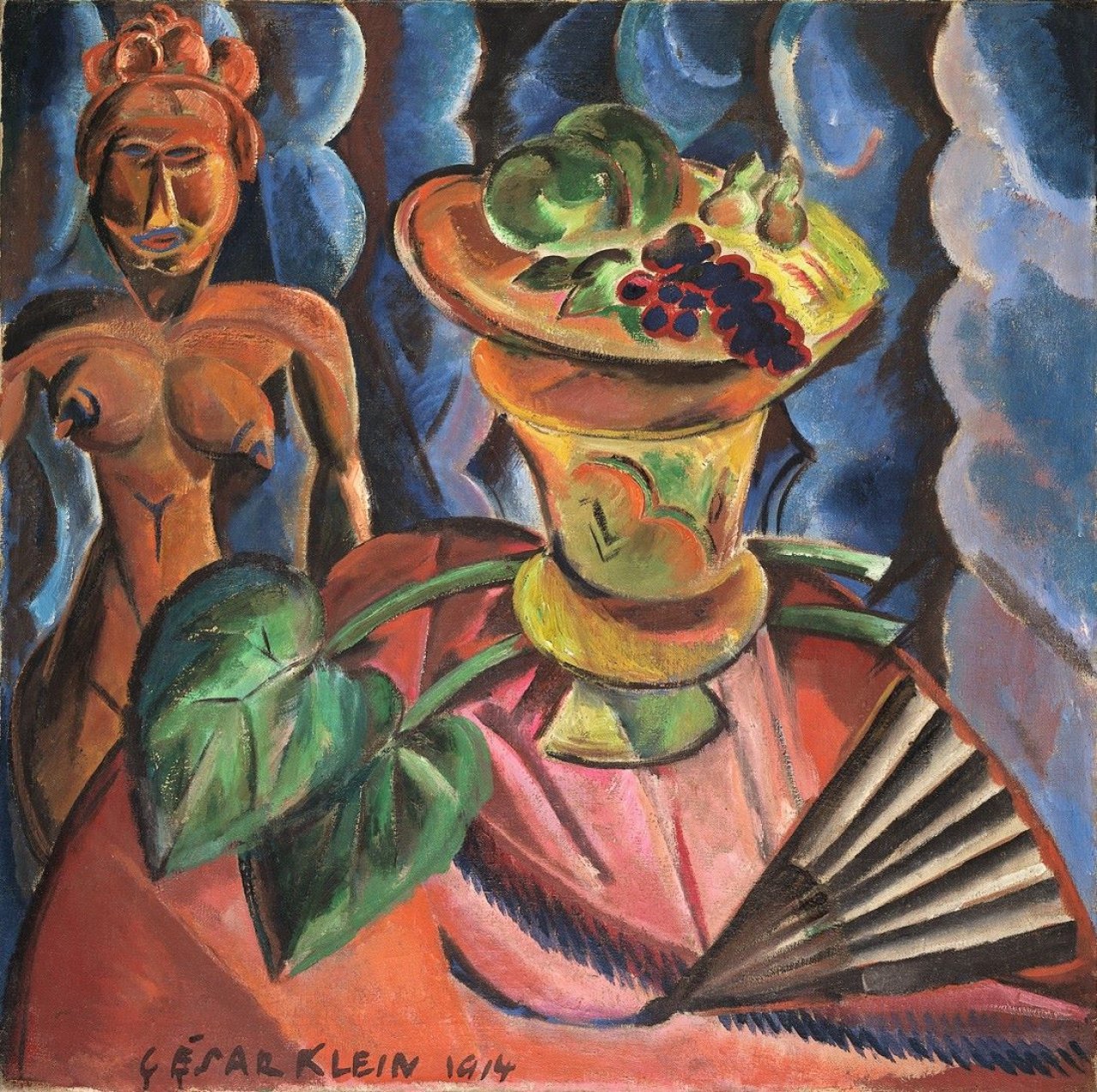 Auf diesem Bild ist das folgende Kunstwerk zu sehen: César Klein. Stilleben mit afrikanischer Figur. 1914.