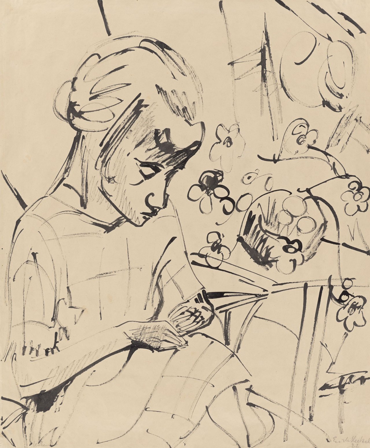 Auf diesem Bild ist das folgende Kunstwerk zu sehen: Erich Heckel. „Nähende“ (Siddi Heckel). 1922.