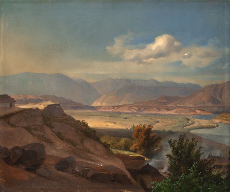 Auf diesem Bild ist das folgende Kunstwerk zu sehen:  Deutsch, um 1840. Das Etschtal zwischen Meran und Bozen.