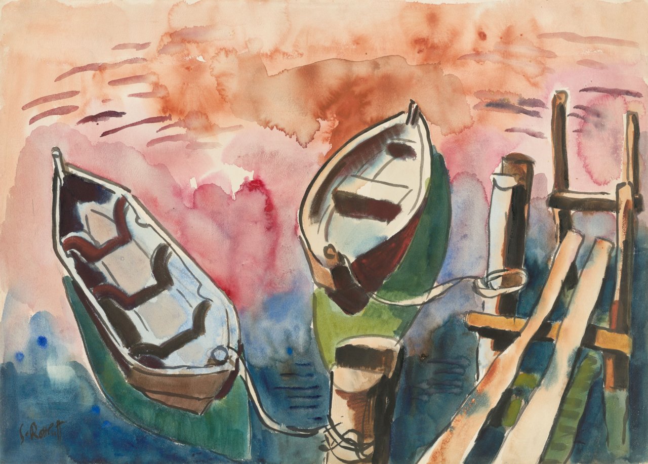 Auf diesem Bild ist das folgende Kunstwerk zu sehen: Karl Schmidt-Rottluff. „Zwei Ruderboote am Steg“. 1934.