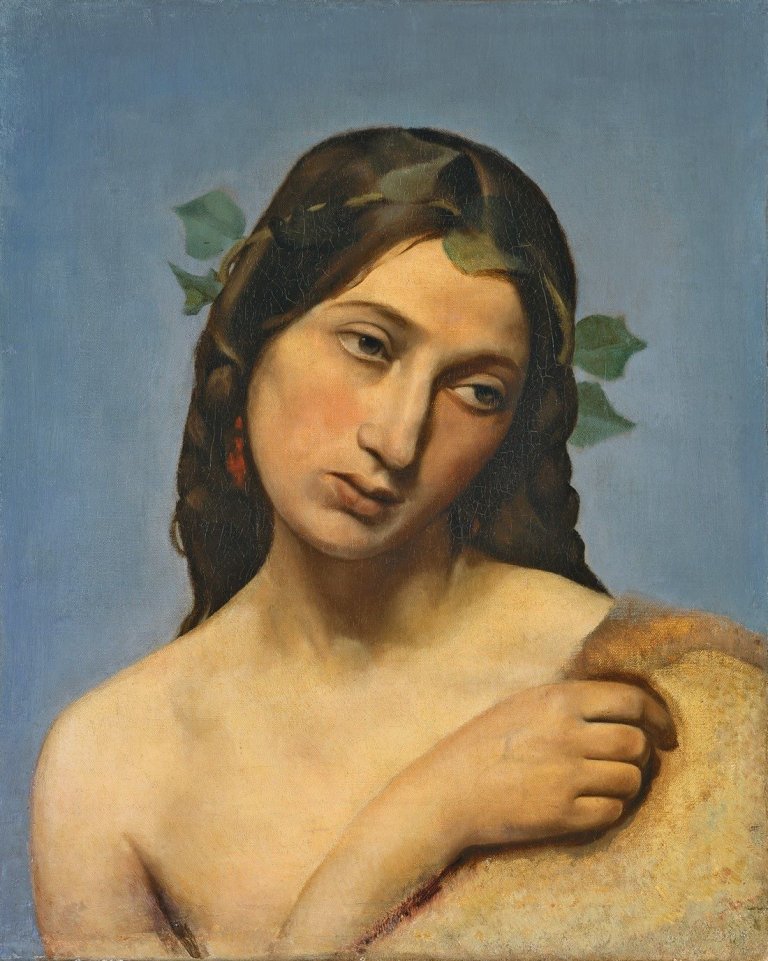 Auf diesem Bild ist das folgende Kunstwerk zu sehen: Anselm Feuerbach. „Studienkopf eines Mädchens mit Weinlaub im Haar“. Um 1852.