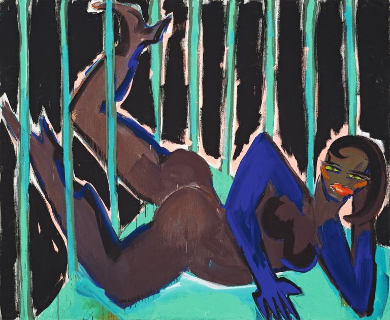 Auf diesem Bild ist das folgende Kunstwerk zu sehen: Elvira Bach. Im Käfig. 1983.