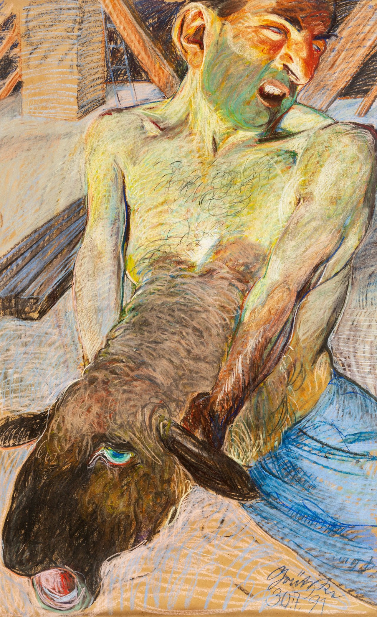 Auf diesem Bild ist das folgende Kunstwerk zu sehen: Johannes Grützke. „Das Schaf in meinem Bauch“. 1991.
