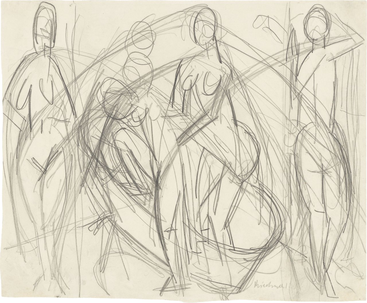Auf diesem Bild ist das folgende Kunstwerk zu sehen: Ernst Ludwig Kirchner. Skizze zu „Badende Frauen“. 1913.
