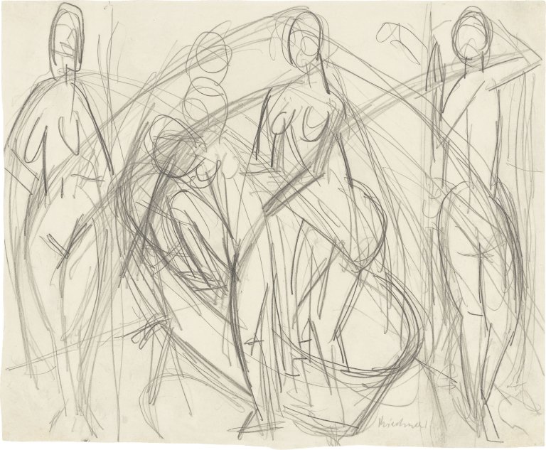 Auf diesem Bild ist das folgende Kunstwerk zu sehen: Ernst Ludwig Kirchner. Skizze zu „Badende Frauen“. 1913.
