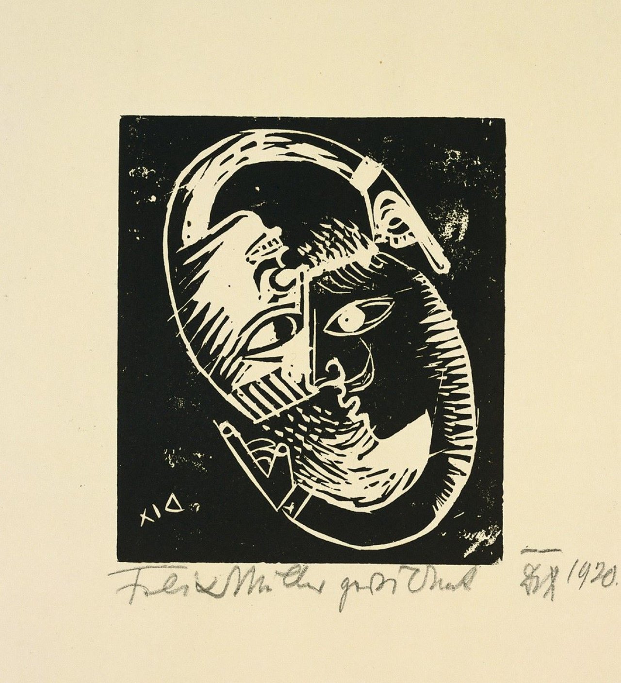 Auf diesem Bild ist das folgende Kunstwerk zu sehen: Otto Dix. „Heller und dunkler Männerkopf im Oval“. 1920.