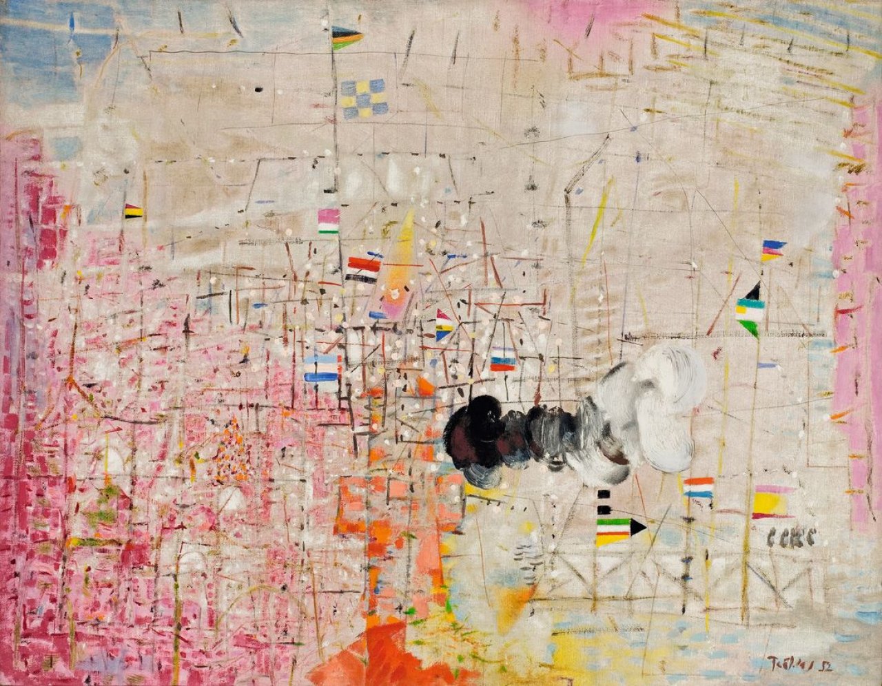 Auf diesem Bild ist das folgende Kunstwerk zu sehen: Heinz Trökes. „Hafen am Morgen“. 1952.