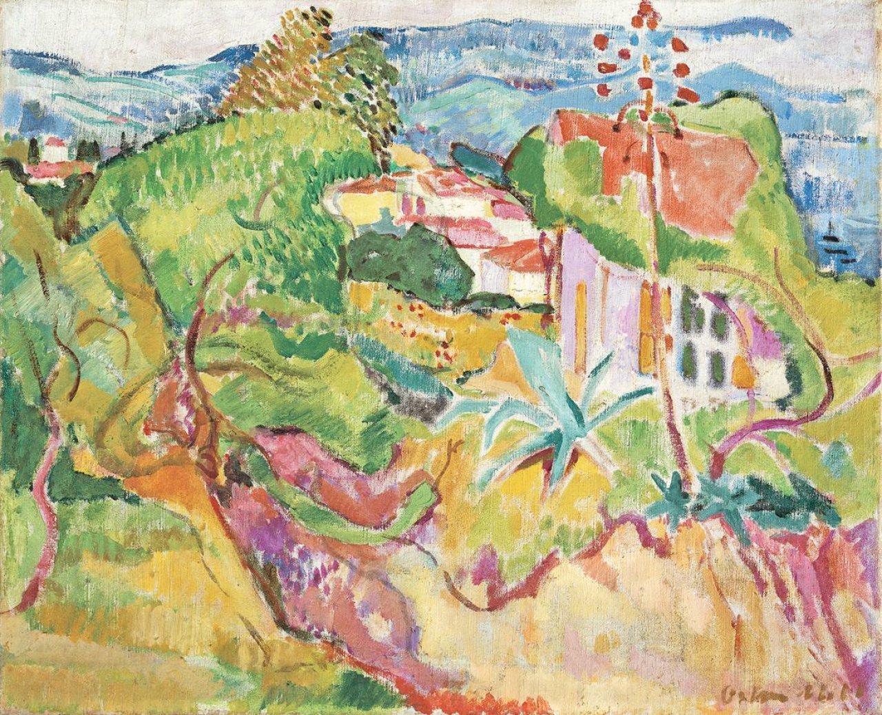 Auf diesem Bild ist das folgende Kunstwerk zu sehen: Oskar Moll. „Landschaft bei Ajaccio (Landschaft auf Korsika)“. 1912.