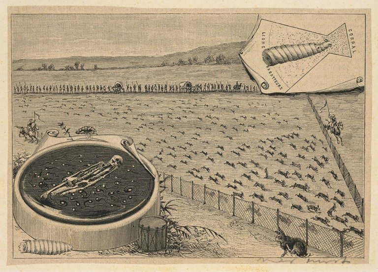 Auf diesem Bild ist das folgende Kunstwerk zu sehen: Max Ernst. „... sous mon blanc vêtement, tenez-vous bien tranquilles à la porte de mon ame, chers petits lapins! Frappez sans entrer ni sortir ...“. 1929/30.