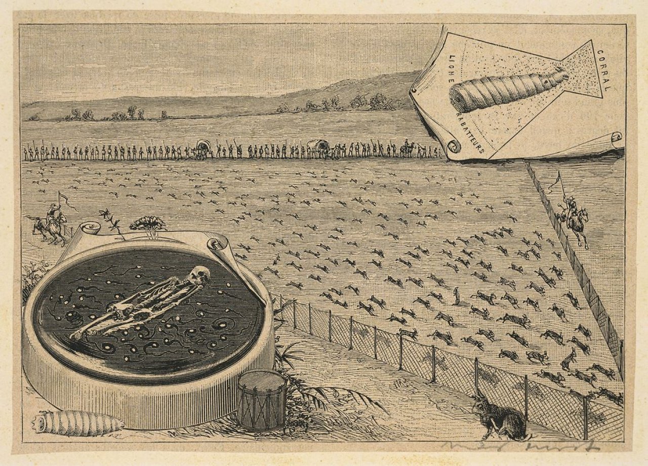 Auf diesem Bild ist das folgende Kunstwerk zu sehen: Max Ernst. „... sous mon blanc vêtement, tenez-vous bien tranquilles à la porte de mon ame, chers petits lapins! Frappez sans entrer ni sortir ...“. 1929/30.