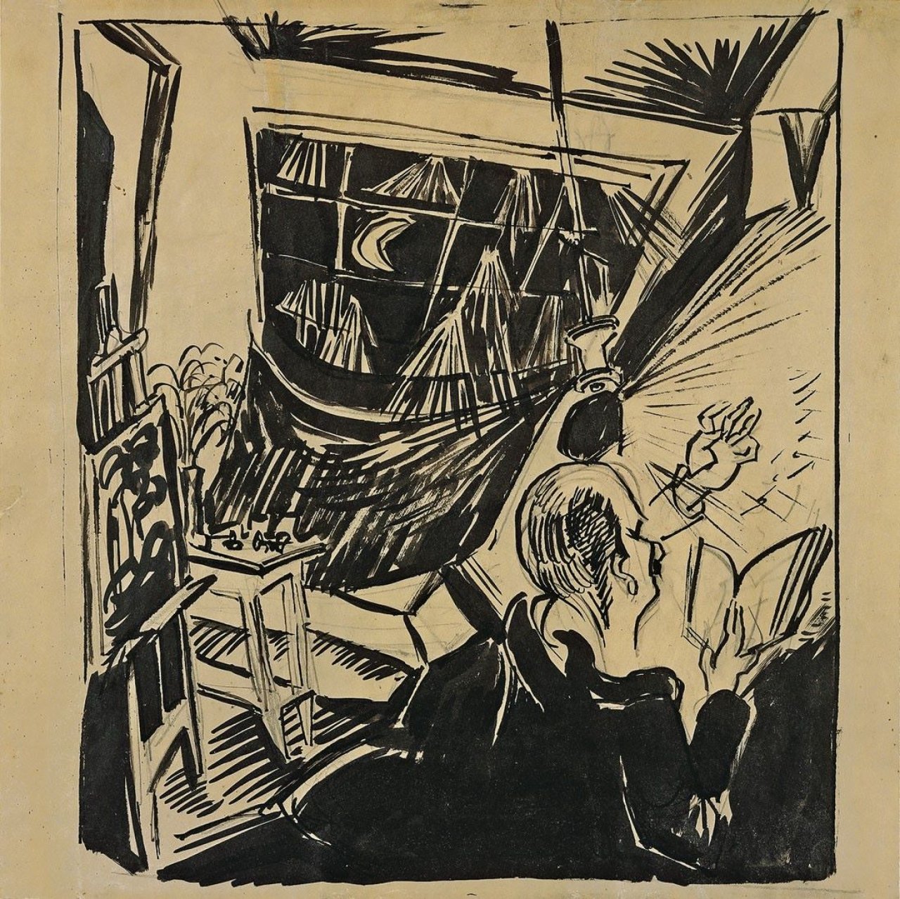 Auf diesem Bild ist das folgende Kunstwerk zu sehen: Ludwig Meidner. Selbstbildnis im Atelier. 1913.