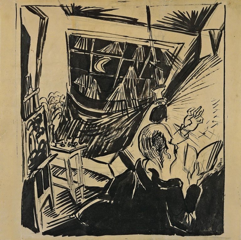 Auf diesem Bild ist das folgende Kunstwerk zu sehen: Ludwig Meidner. Selbstbildnis im Atelier. 1913.