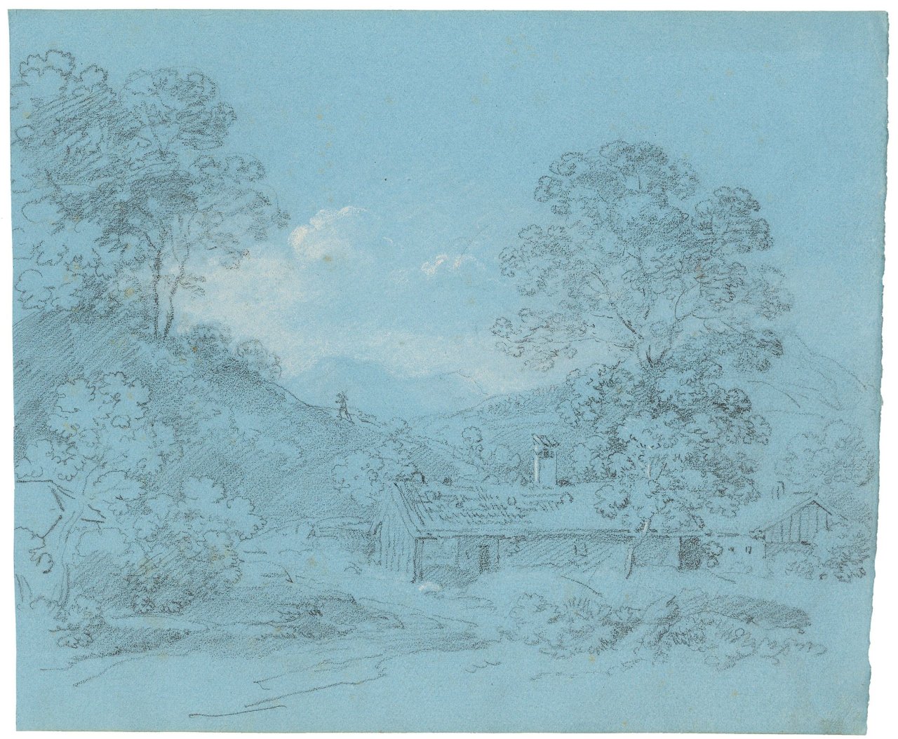 Auf diesem Bild ist das folgende Kunstwerk zu sehen: Johann Georg von Dillis. „Bergige Landschaft mit Haus und Wanderer“. Um 1820.