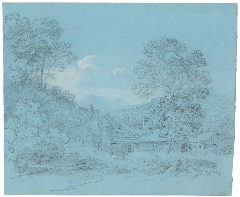 Auf diesem Bild ist das folgende Kunstwerk zu sehen: Johann Georg von Dillis. „Bergige Landschaft mit Haus und Wanderer“. Um 1820.