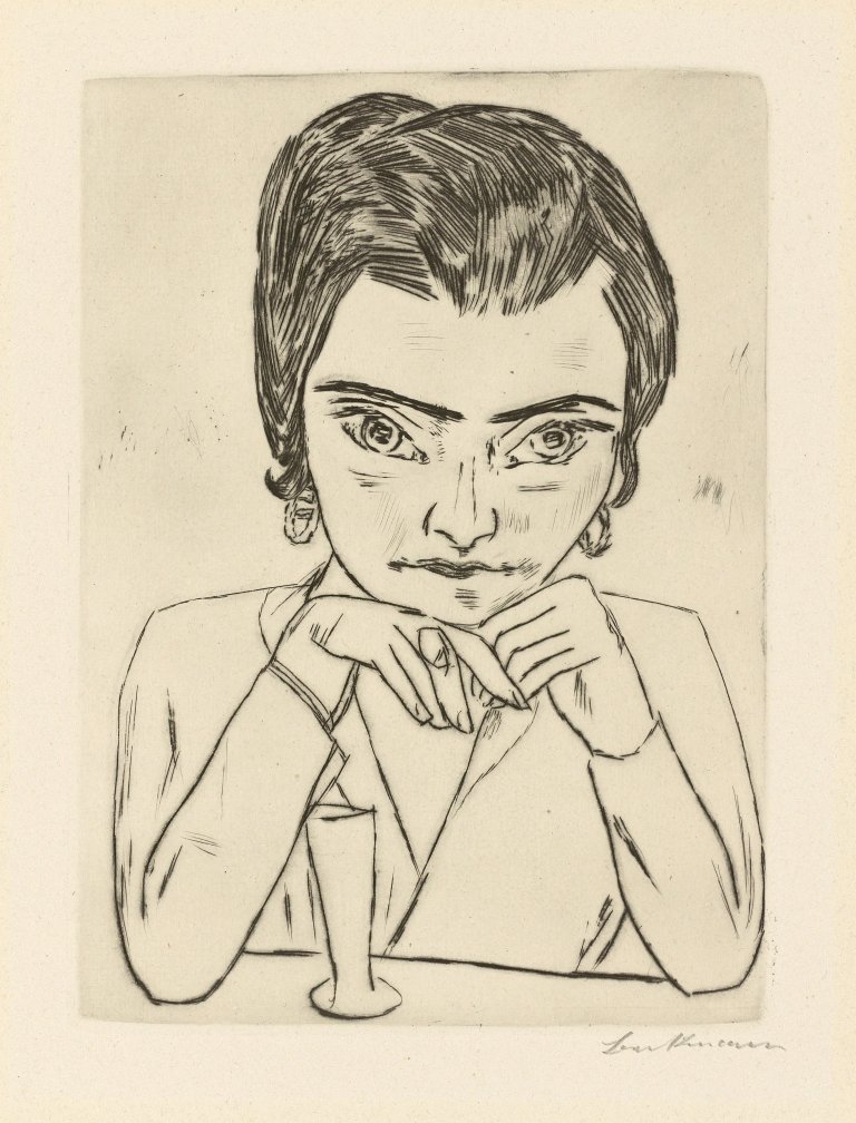 Auf diesem Bild ist das folgende Kunstwerk zu sehen: Max Beckmann. „Bildnis Naila mit aufgestützten Armen und Glas“. 1923.