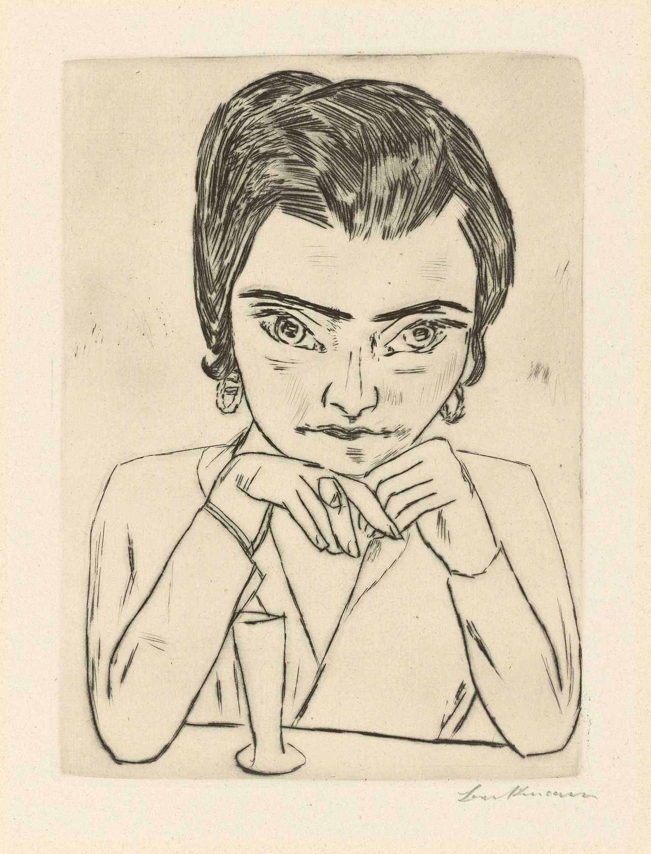 Auf diesem Bild ist das folgende Kunstwerk zu sehen: Max Beckmann. „Bildnis Naila mit aufgestützten Armen und Glas“. 1923.