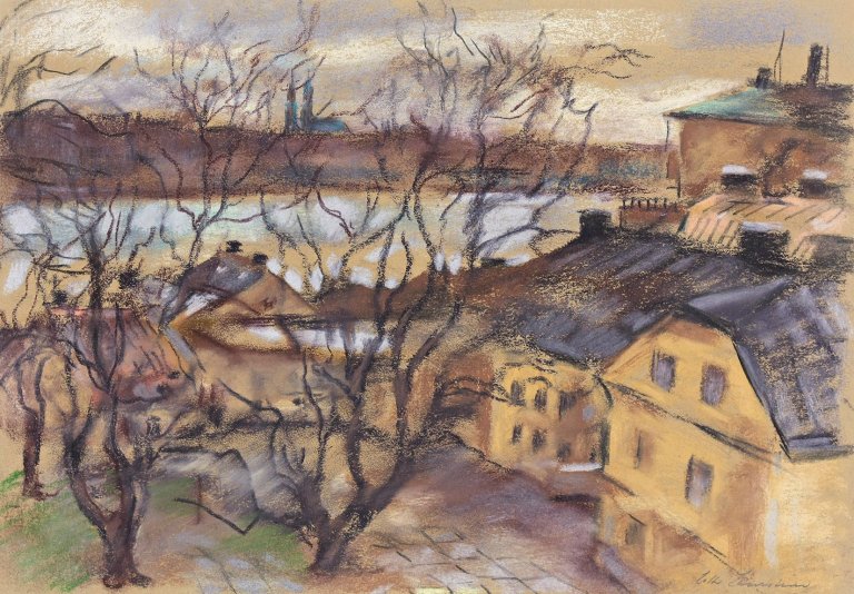 Auf diesem Bild ist das folgende Kunstwerk zu sehen: Lotte Laserstein. „Stadtansicht“. 1950er Jahre.
