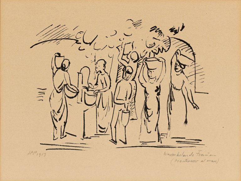 Auf diesem Bild ist das folgende Kunstwerk zu sehen: Max Pechstein. „Wasserholende Frauen (Monterosso al mare)“. 1913.