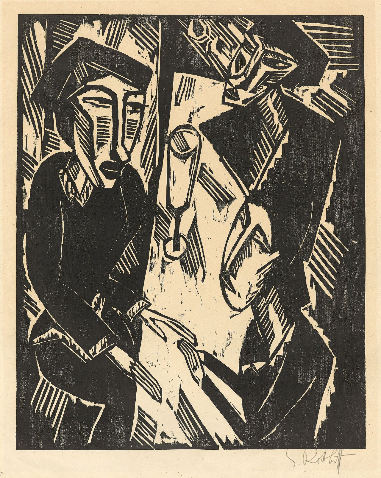 Auf diesem Bild ist das folgende Kunstwerk zu sehen: Karl Schmidt-Rottluff. „Drei am Tisch“. 1914.