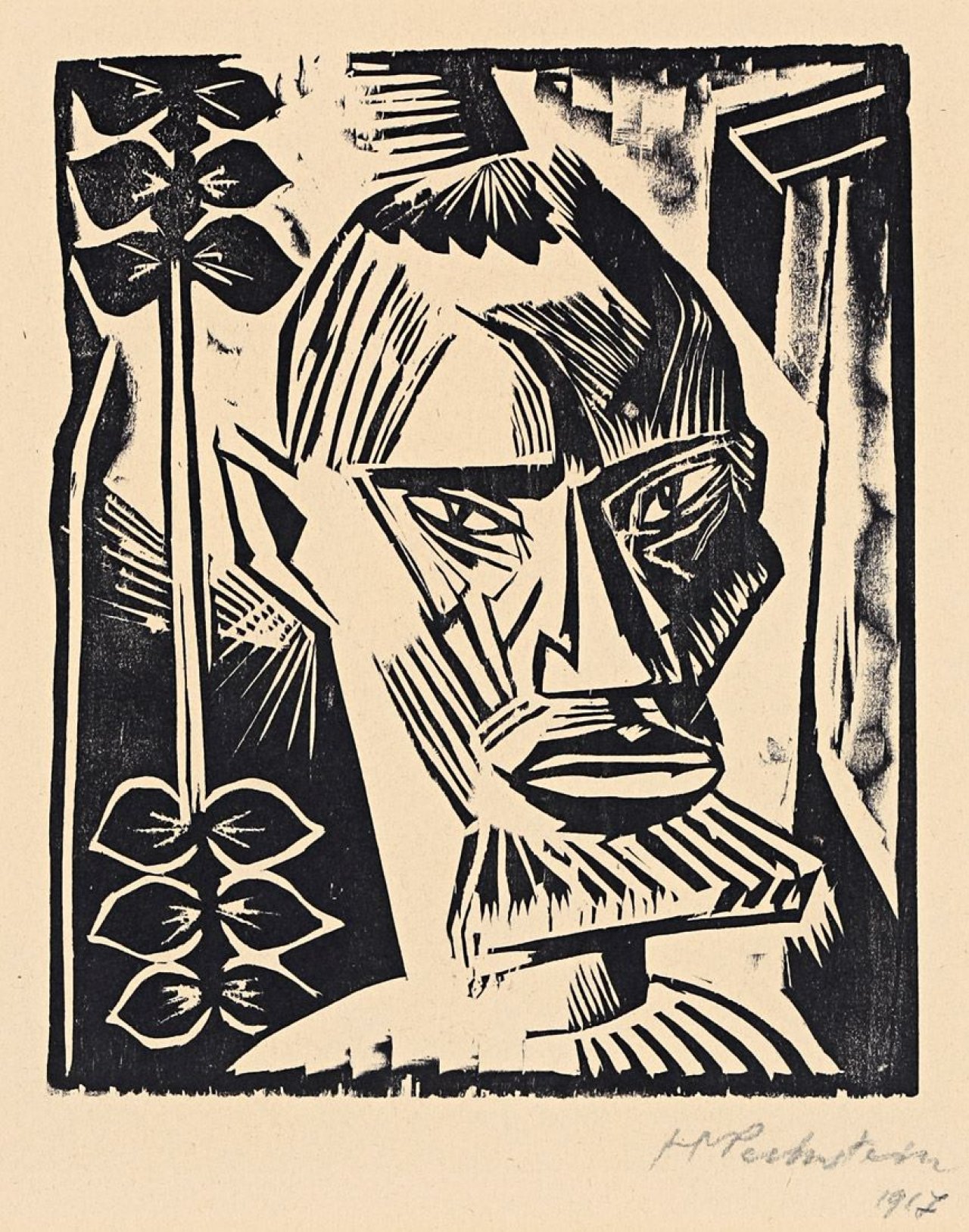 Auf diesem Bild ist das folgende Kunstwerk zu sehen: Max Pechstein. „Eibedul (Aus: Köpfe)“. 1917.