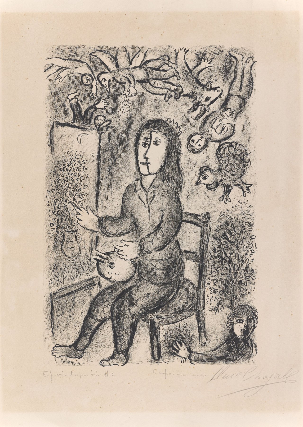 Auf diesem Bild ist das folgende Kunstwerk zu sehen: Marc Chagall. „Composition Noire“. 1977.