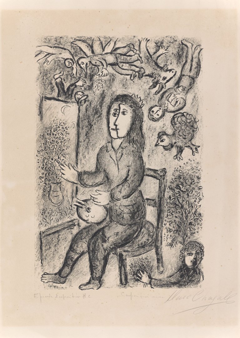 Auf diesem Bild ist das folgende Kunstwerk zu sehen: Marc Chagall. „Composition Noire“. 1977.