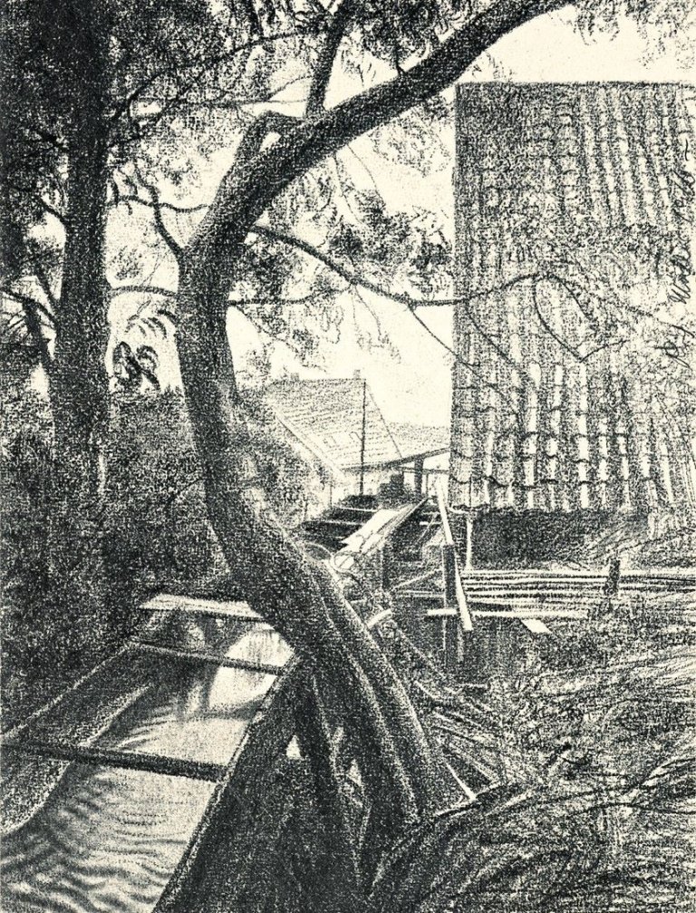 Auf diesem Bild ist das folgende Kunstwerk zu sehen: Richard Müller. „Mühlgraben in Schwalenberg, Lippe“ / „Vom Blitz gespaltene Eiche“. 1916/1917.
