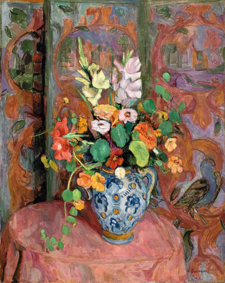 Auf diesem Bild ist das folgende Kunstwerk zu sehen: Hans Purrmann. „Gladiolen und Kapuzinerkresse in Henkelvase“. 1926.
