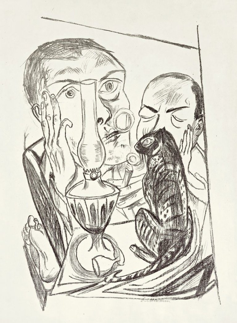 Auf diesem Bild ist das folgende Kunstwerk zu sehen: Max Beckmann. „Selbstbildnis mit Katze und Lampe“. 1920.