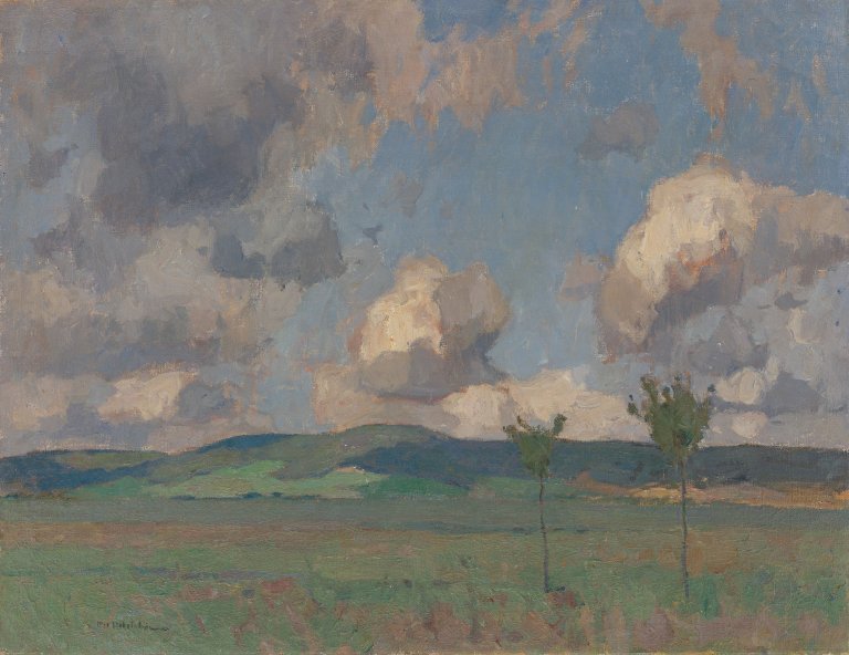Auf diesem Bild ist das folgende Kunstwerk zu sehen: Otto Ubbelohde. Wiese mit zwei jungen Bäumen.