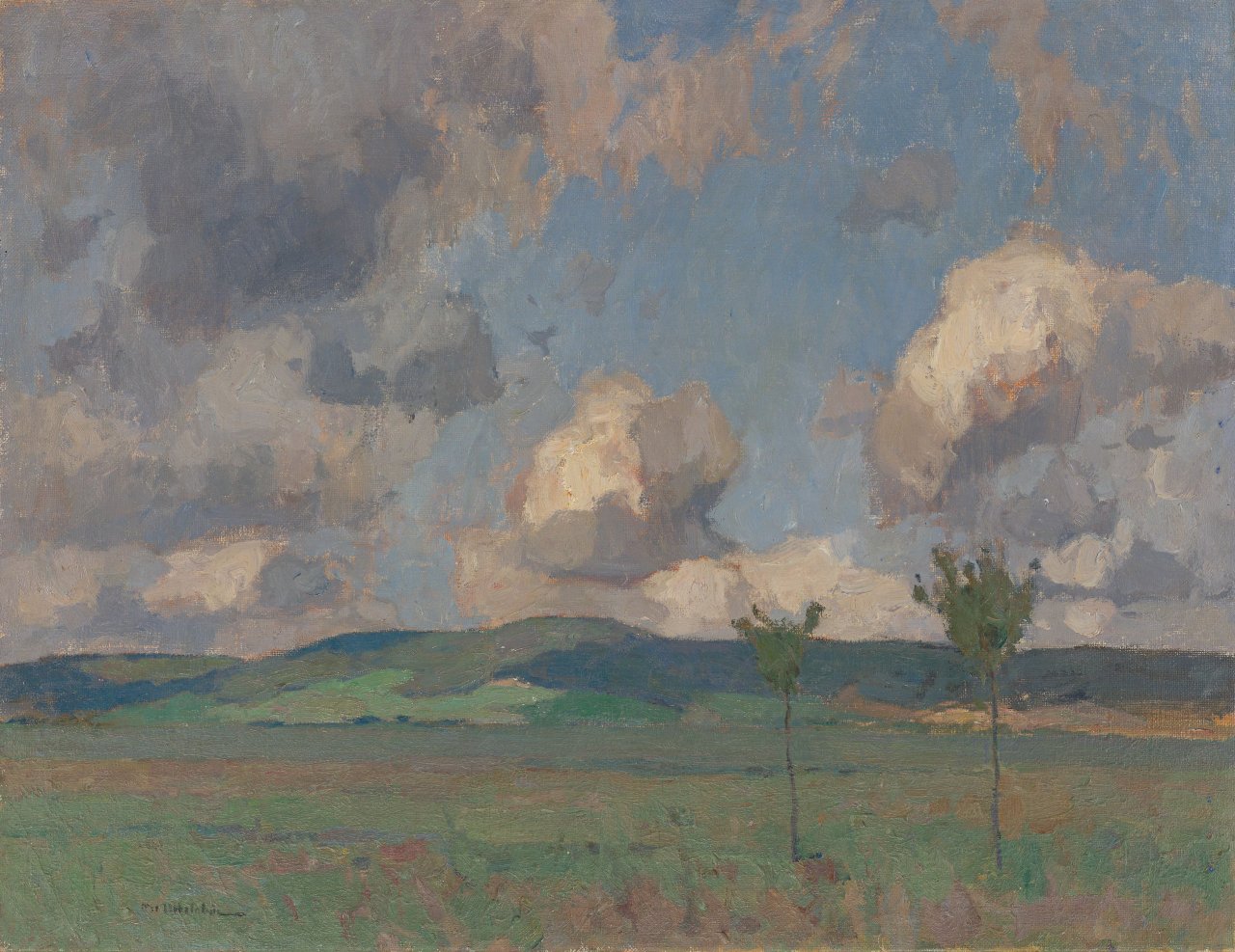Auf diesem Bild ist das folgende Kunstwerk zu sehen: Otto Ubbelohde. Wiese mit zwei jungen Bäumen.
