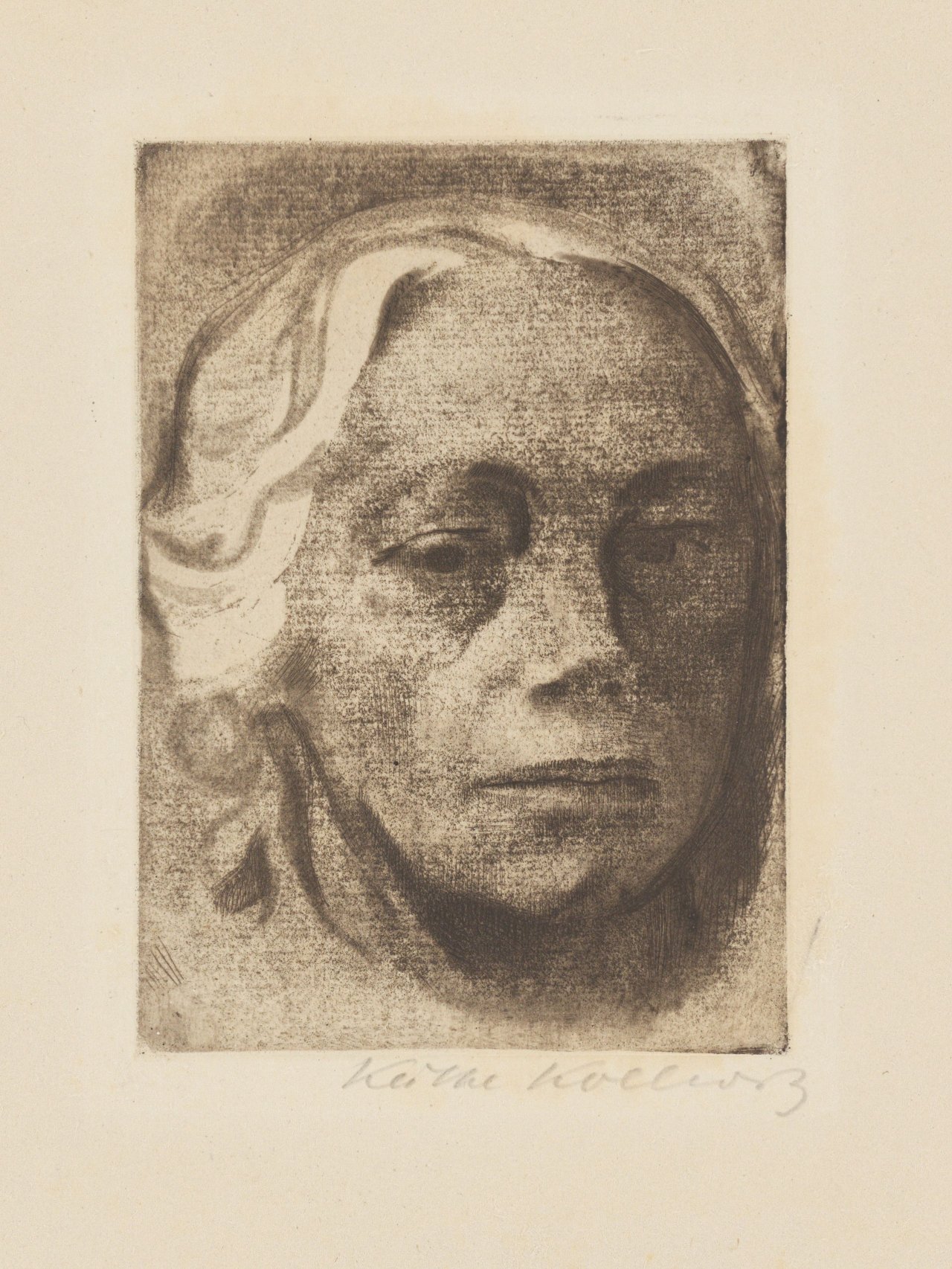 Auf diesem Bild ist das folgende Kunstwerk zu sehen: Käthe Kollwitz. „Selbstbildnis“. 1912/um 1920.