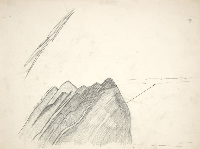 Auf diesem Bild ist das folgende Kunstwerk zu sehen: Walter de Maria. „Grey Mountains with Jet Plane“. 1962.