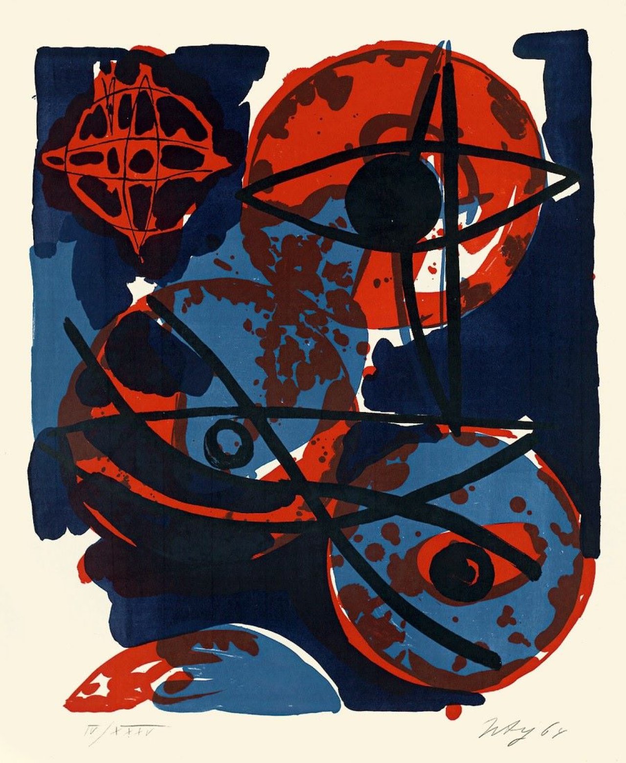 Auf diesem Bild ist das folgende Kunstwerk zu sehen: Ernst Wilhelm Nay. „Farblitho 1964-1 (Rot aus Blau)“. 1964.
