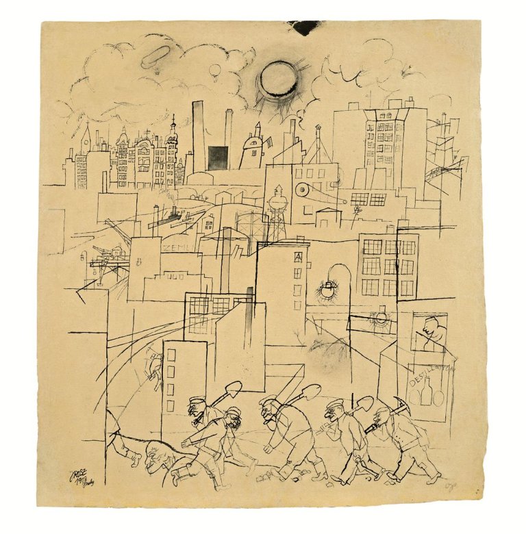 Auf diesem Bild ist das folgende Kunstwerk zu sehen: George Grosz. „Sonnenaufgang im Arbeiterviertel“. 1918.