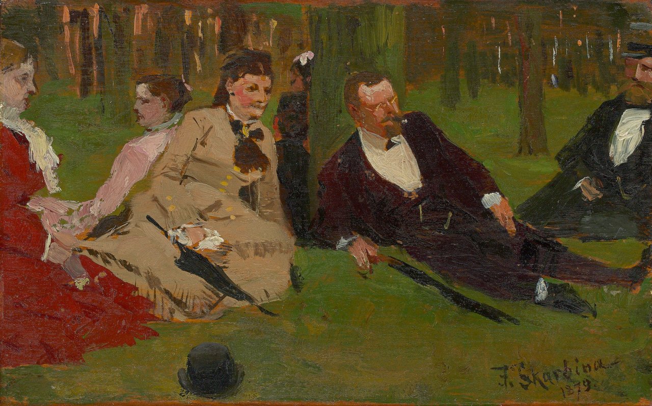 This picture shows the following artwork: Franz Skarbina. Rastende Ausflügler im Grunewald (Berlin) / „Im Löwengarten (Reichenhall)“. 1879.