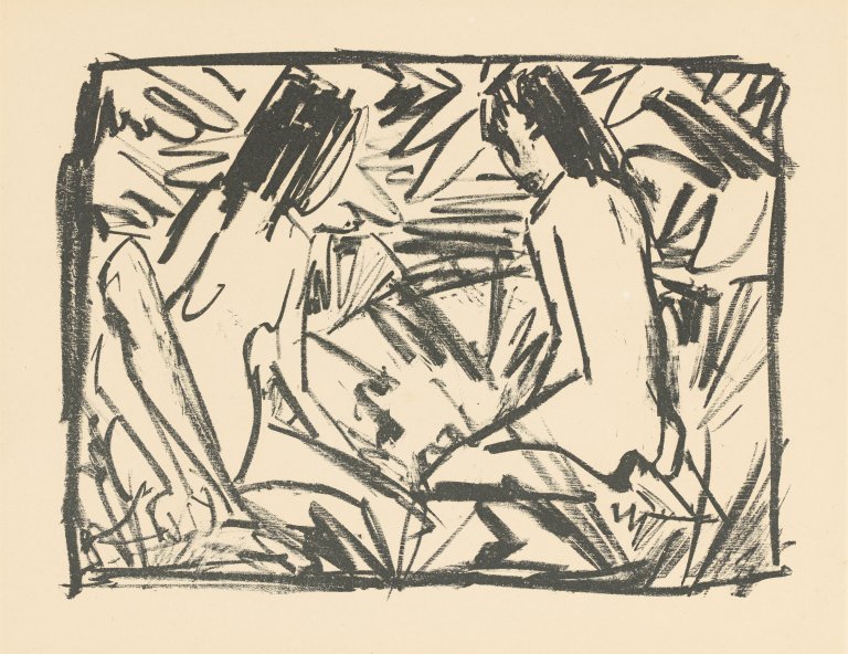 Auf diesem Bild ist das folgende Kunstwerk zu sehen: Otto Mueller. „Ein sitzendes und ein knieendes Mädchen unter Blättern“. 1920.