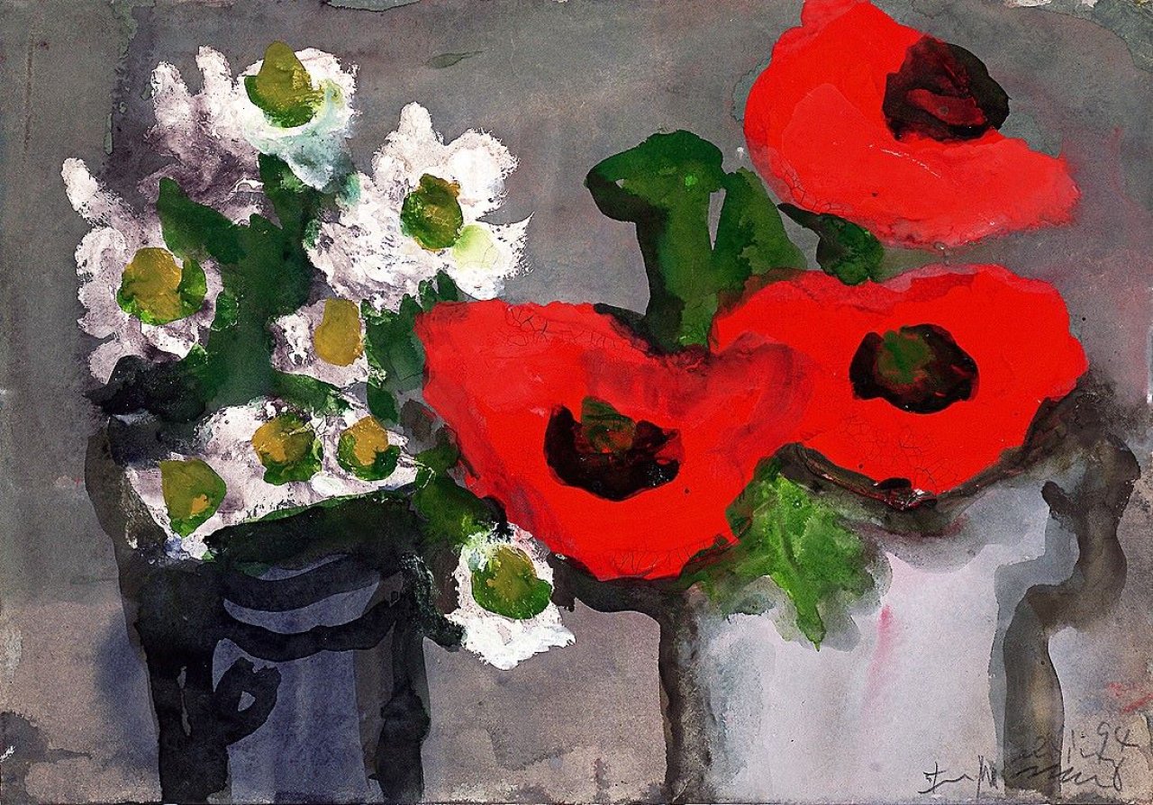 Auf diesem Bild ist das folgende Kunstwerk zu sehen: Klaus Fußmann. Mohn und Margeriten. 1994.