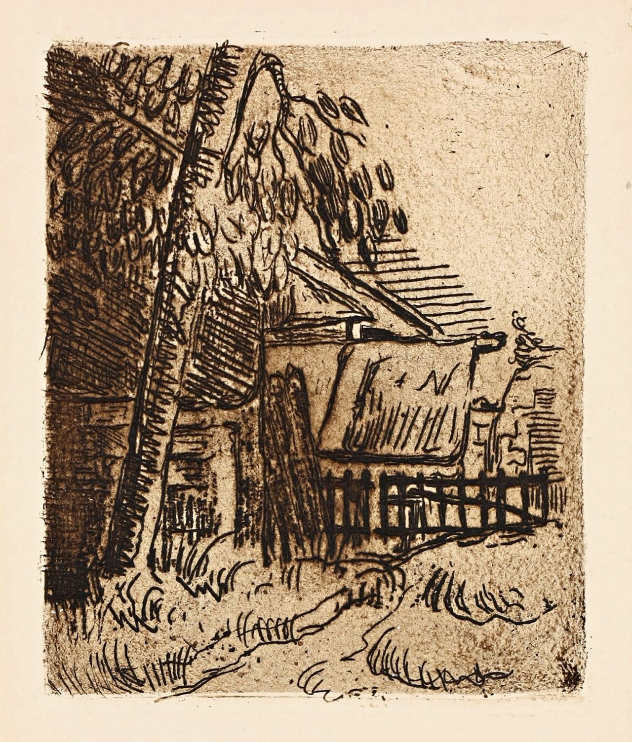 Auf diesem Bild ist das folgende Kunstwerk zu sehen: Paul Cézanne. „Paysage a Auvers - Entree de ferme, rue Saint-Rémy“. 1873.