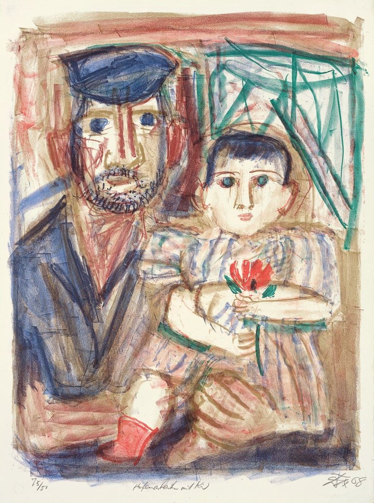 Auf diesem Bild ist das folgende Kunstwerk zu sehen: Otto Dix. „Hafenarbeiter mit Kind“. 1968.
