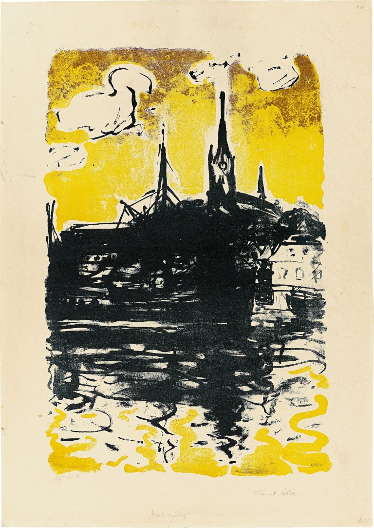 This picture shows the following artwork: Emil Nolde. ”Kirche und Schiff, Sonderburg”. 1907/15.