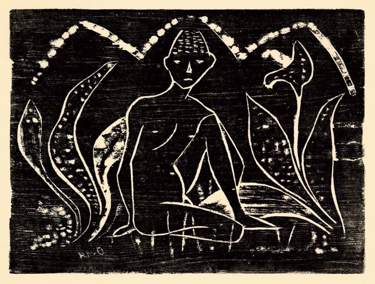 Auf diesem Bild ist das folgende Kunstwerk zu sehen: Otto Mueller. „Knabe zwischen Blattpflanzen (Knabe im Schilf)“. 1912.