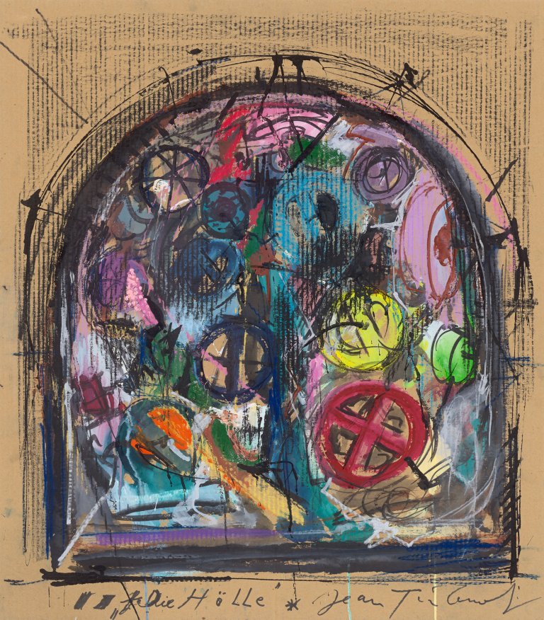 Auf diesem Bild ist das folgende Kunstwerk zu sehen: Jean Tinguely. Entwurf für ein Fenster: „Die Hölle“ (aus dem Werkzyklus „Pandämonium“). Um 1985/86.