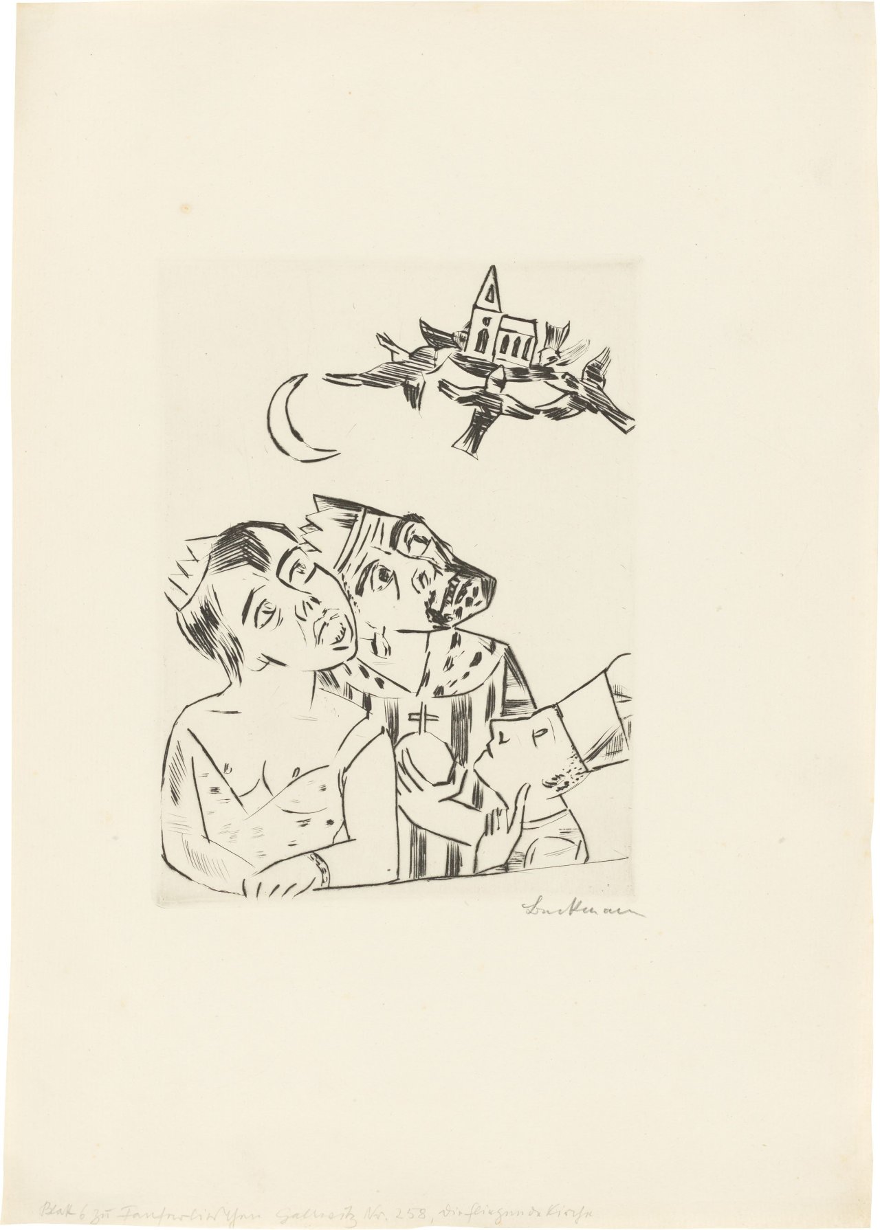 Auf diesem Bild ist das folgende Kunstwerk zu sehen: Max Beckmann. „König Jerum, Königin Würgipumpa, Ursulus und die fliegende Kirche“. 1923.