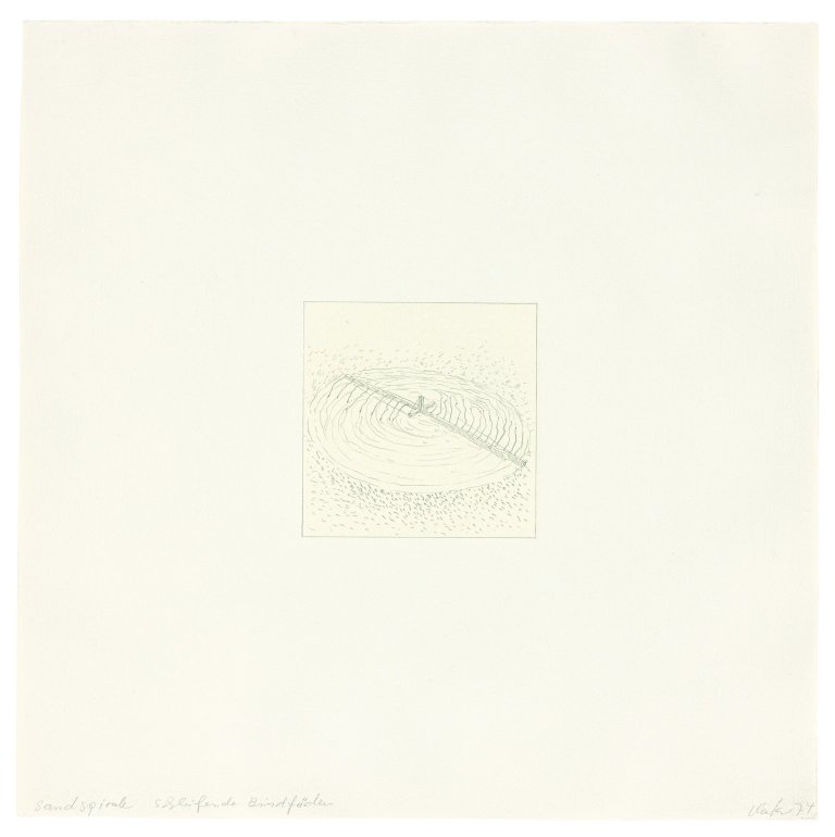 Auf diesem Bild ist das folgende Kunstwerk zu sehen: Günther Uecker. „Sandspirale schleifende Bindfäden“. 1974.