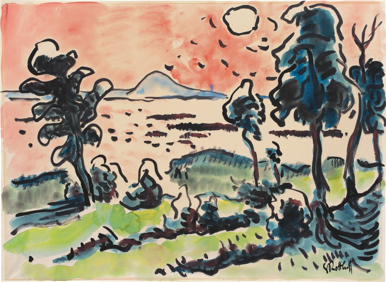 Auf diesem Bild ist das folgende Kunstwerk zu sehen: Karl Schmidt-Rottluff. Lebasee mit Lontzkedüne (Haffufer mit Bäumen). 1934/35.