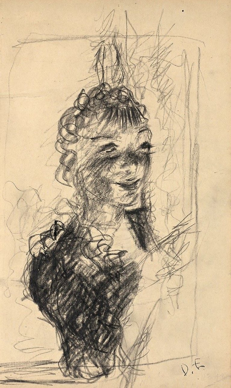 Auf diesem Bild ist das folgende Kunstwerk zu sehen: Dietz Edzard. Jeune Chanteuse écartant le rideau. Um 1935.