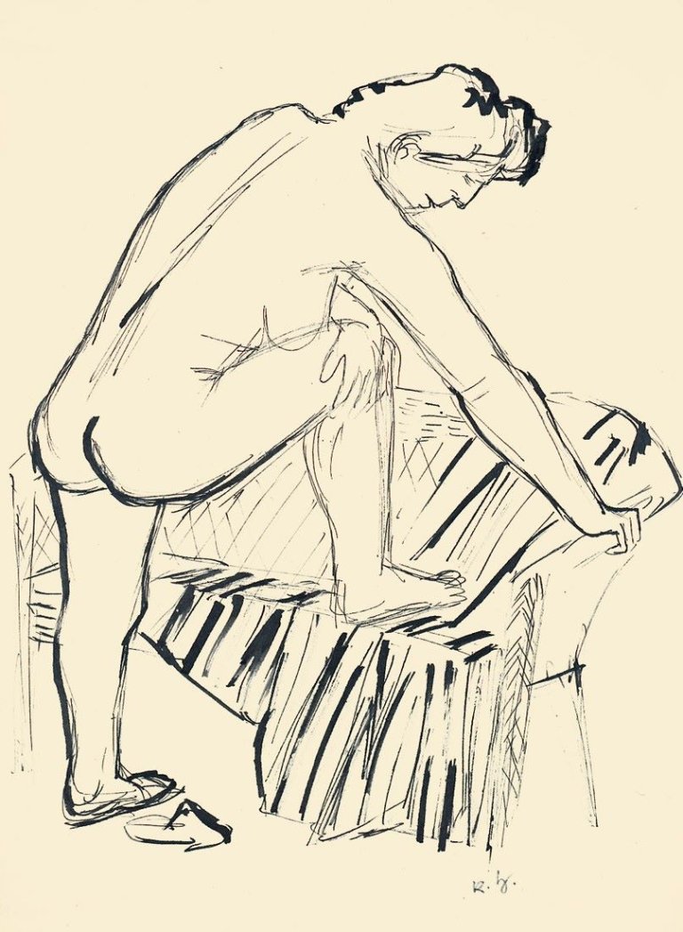Auf diesem Bild ist das folgende Kunstwerk zu sehen: Karl Hubbuch. Sich aufstützender weiblicher Akt.